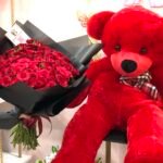 بكج الحب  ٦٠ ورده جوري احمر مع دبدوب احمر حجم ١ متر